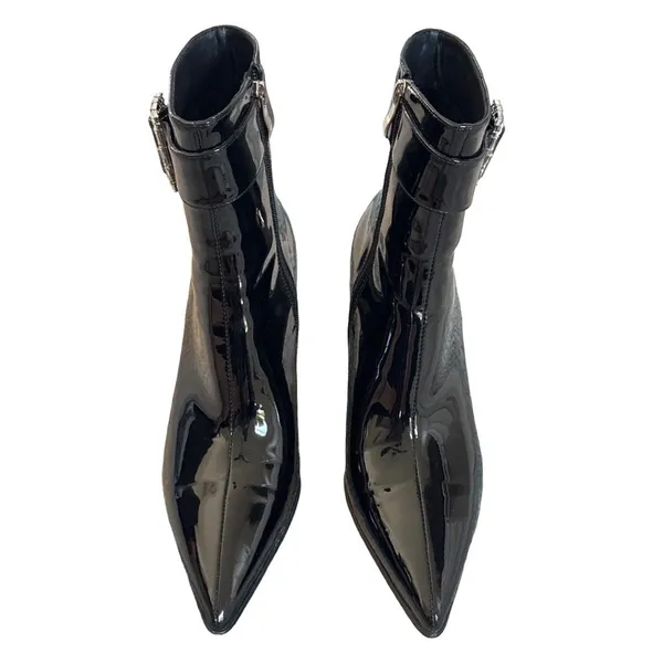 Black Patent Pointed Toe Ankle Boots Rhinestone Bling Buckle Kitten Heel Size 9 - Image 5