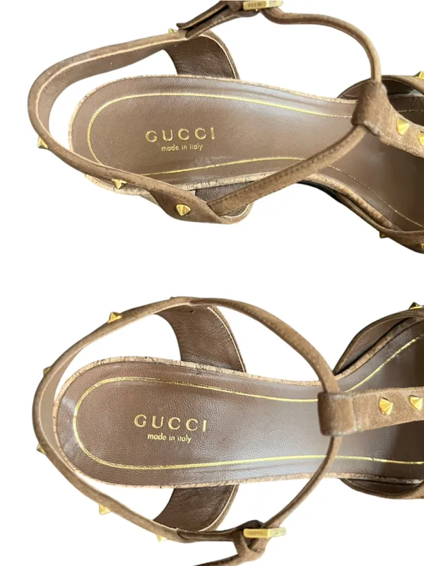 Gucci Women’s Jacquelyne Brown Suede Gold Studded Cork Block Heels Size 39 - Image 4