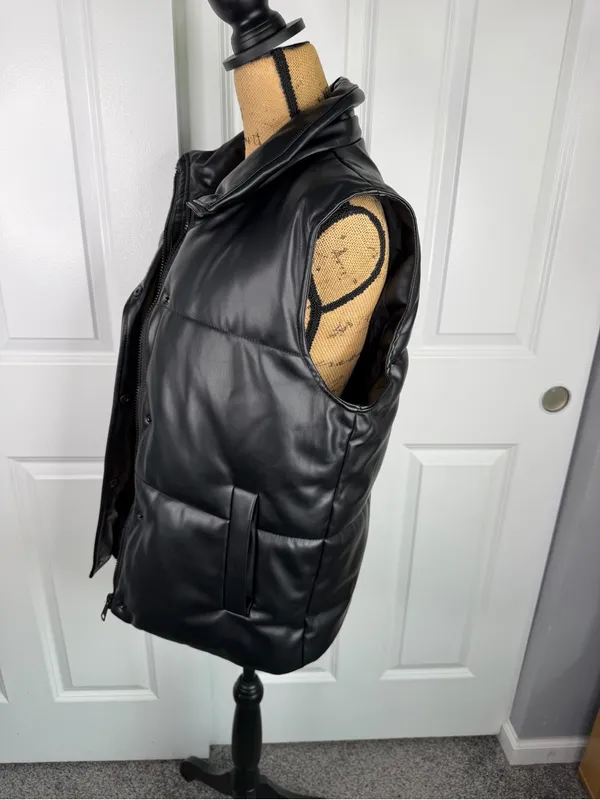 Azalea Wang Faux Leather Puffer Vest Black XL Snap Zip Oversized - Image 5
