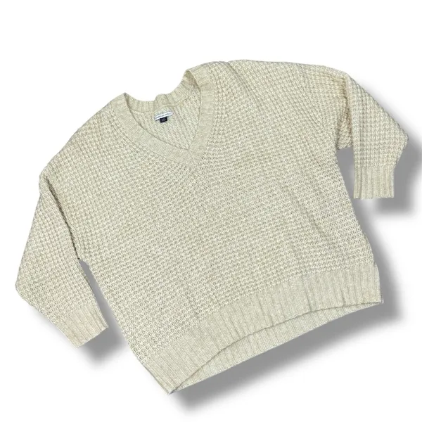 American Eagle Deep V‎ Neck Waffle Knit Oversized Chunky Sweater Tan XL - Image 12