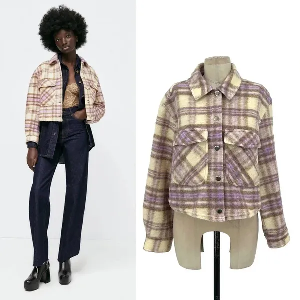 Zara Cropped Plaid Jacket Shacket Purple Cream‎ Size Large - Image 2