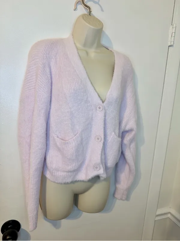 Forever 21 Soft Fuzzy Knit Cropped Cardigan XL Light Pink - Image 3