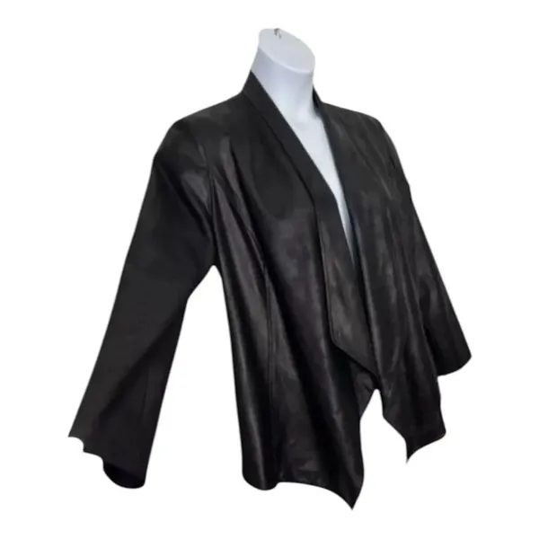 JM Collection Vegan Leather Draped Black Jacket Size M Open Front Blazer Casual - Image 7