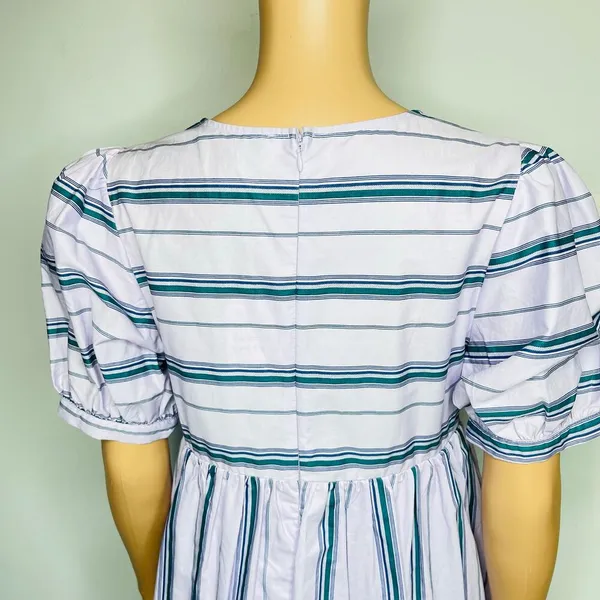 English Factory Puff Sleeve Striped Mini Dress size M Lilac Relaxed Babydoll New - Image 8