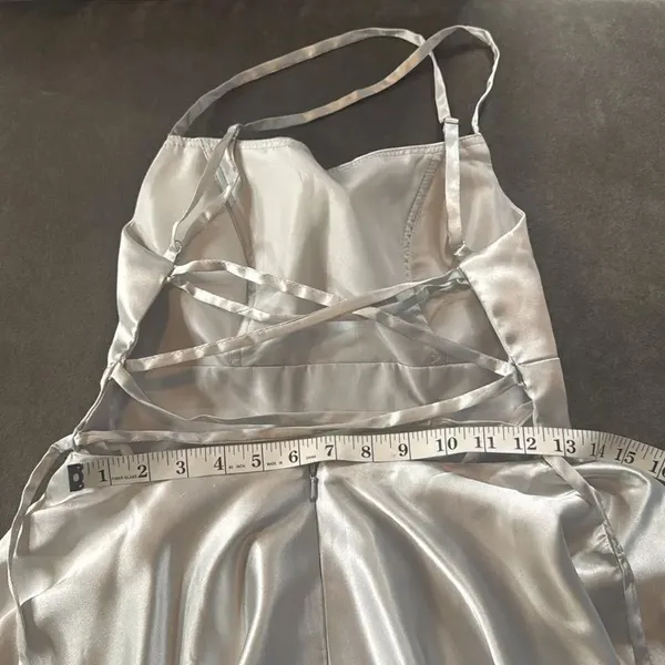 Women’s Silver Satin Short Prom Party Dress Spaghetti Straps Size 6 *READ - Image 7