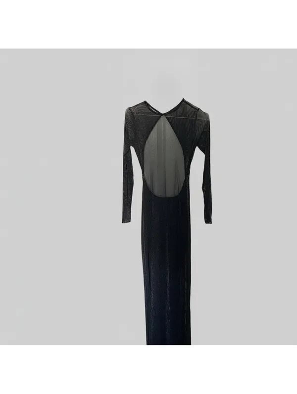 Black Sheer Open Back Whimsigoth Goth Maxi Dress Beach Cover-Up Long Sleeve S - Image 4