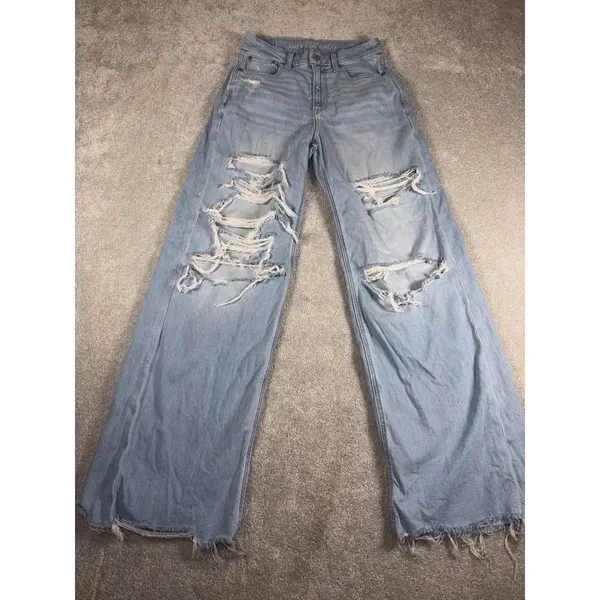 american‎ eagle curvy super high rise baggy wide leg 2 Reg Distressed - Image 2