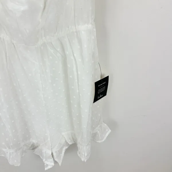 Lulus Frilled to Bits White Swiss Dot Off-the-Shoulder Romper Chiffon Medium NWT - Image 9