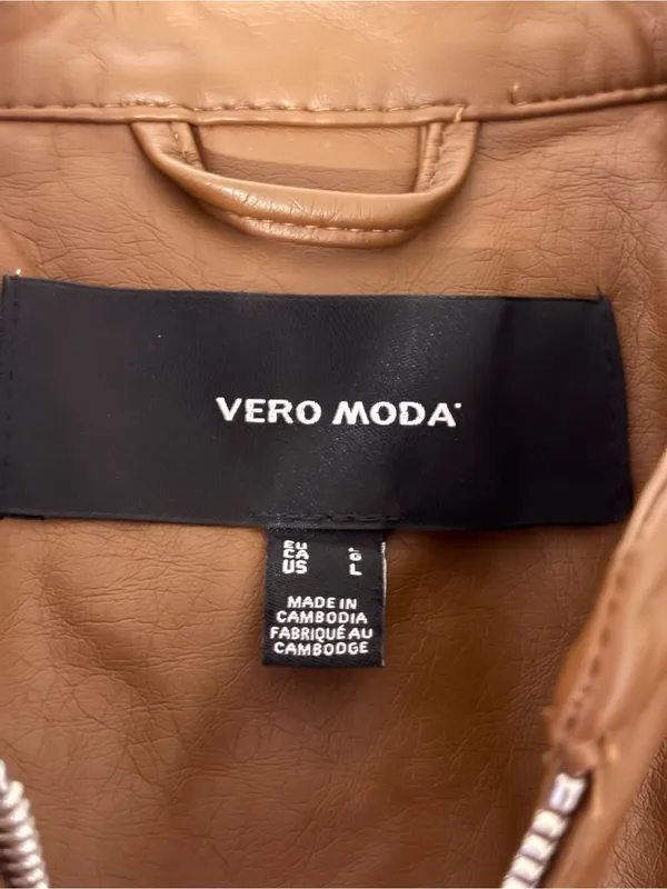 Vero Moda Cognac Faux Leather Moto Jacket L Quilted Zip - Image 2