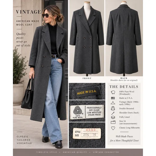 Vintage Wool Double Breasted Overcoat Longline Notched Lapel Grey Sz 16 Classic - Image 2