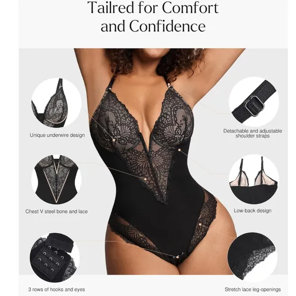NWT Popilush Lace Shapewear Bodysuit – V-Neck Tummy Control Thong –‎ Lg - Image 2