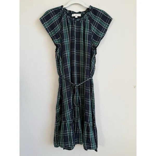 Loft Dress Women's 12 Blue Green Plaid‎ Shift Belted Short Sleeve Pleated Lined - Image 2