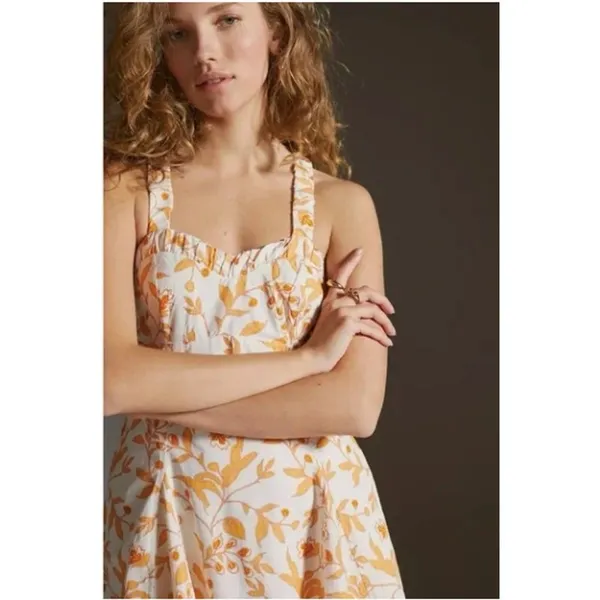 Maeve Anthropologie Floral Cotton Mini Dress Orange White‎ Smocked Back Large - Image 3