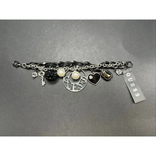 New! Guess Black Silver Tone Chunky Charm Faux Pearl Rhinestone Heart Bracelet - Image 5