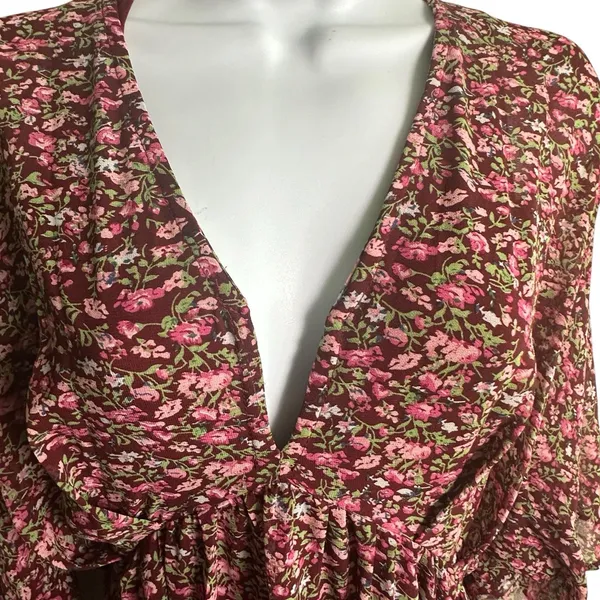 Entro Maxi Dress Sz L Floral Drop Waist Flowy V-Neck Burgundy Red Ditsy - Image 4
