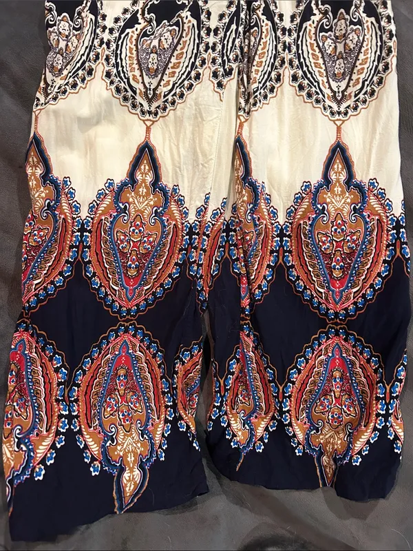 Bohemian Elastic-Waist Printed Palazzo Pants - Cream & Navy - Image 2