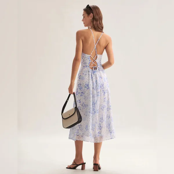 Rihoas Blue Floral Halter Midi Dress - Image 3