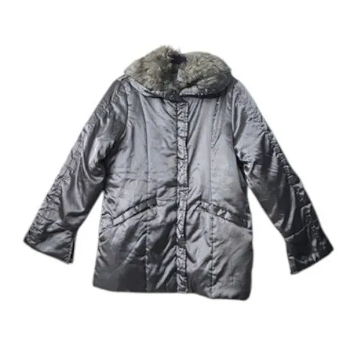 Womens Silver‎ Puffer Jacket Coat Faux Fur Trim Hooded Winter Cabincore Large - Image 14