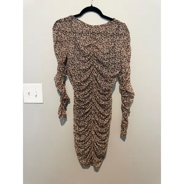 Abercrombie & Fitch Floral Mesh Ruched Long Sleeve Mini Bodycon Dress Brown M - Image 2