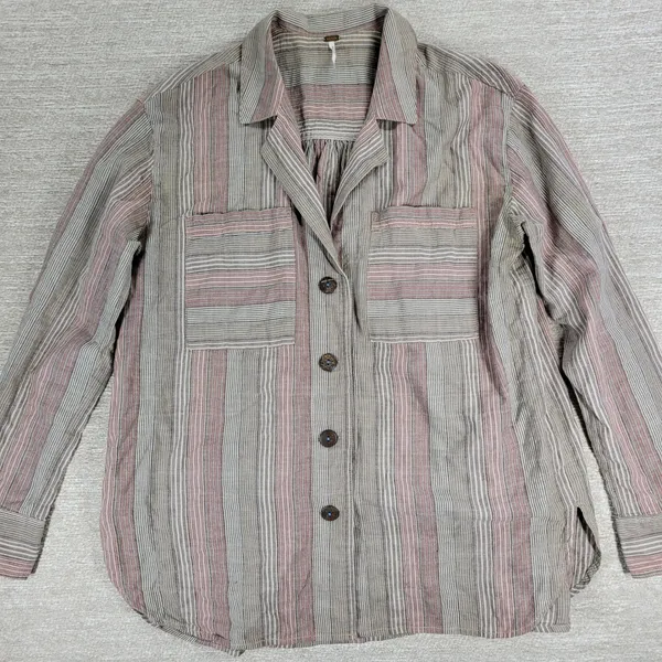 Free People High Tide Shirt XS Tan Pink Womens Striped Oversized Button Up Boho - Image 10
