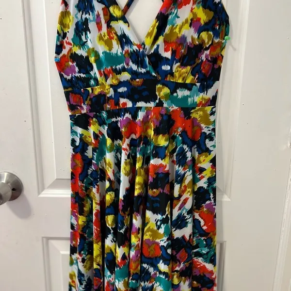 Flyaway Collection Multi-Color Abstract Ikat Cross-Back Handkerchief Hem Dress L - Image 7
