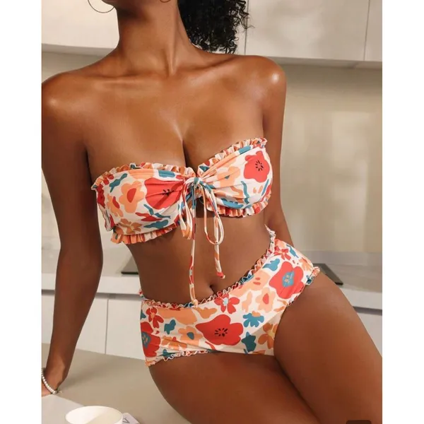 SHEIN Swimsuit‎ Flower Print Knotted Front Bandeau Bikini Set, High Waist Sz S - Image 2