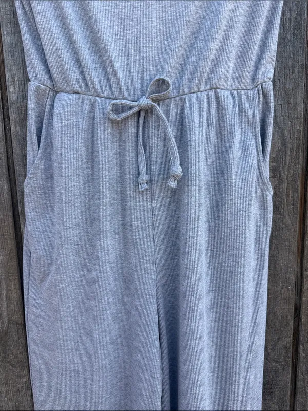 Forever 21 Light Gray Short-Sleeve Knit Wide Leg Jumpsuit Elastic Waistband S - Image 4