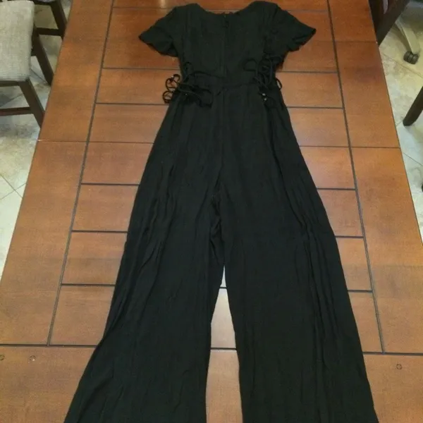 Maeve Anthropologie black wide leg button front lace up jumpsuit size 6 - Image 10