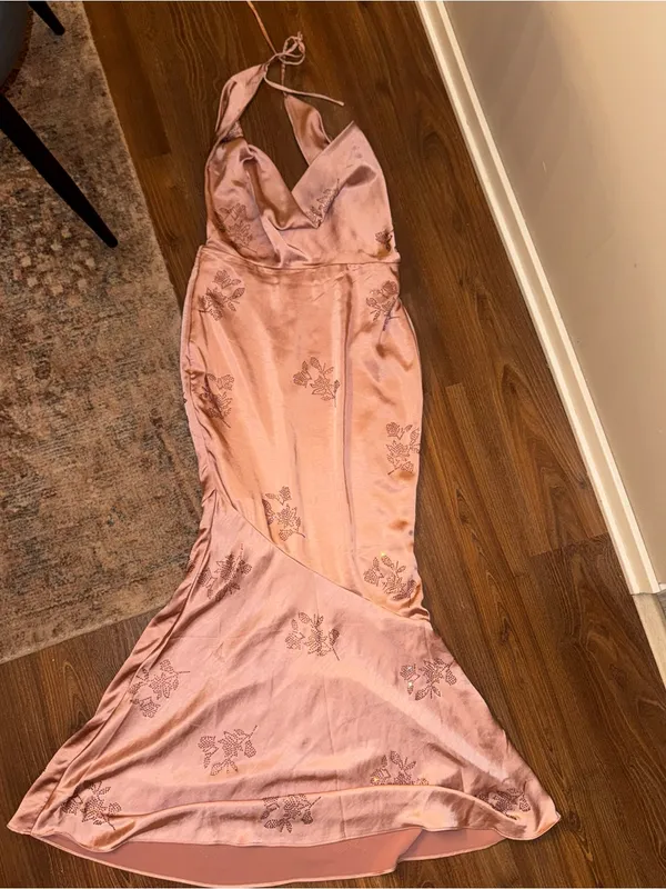 Oh Polly Dusty Rose Satin Halter Maxi Dress - Image 2