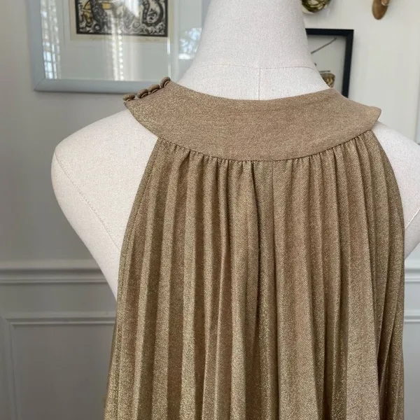 Free People Pleated Love Trapeze Mini Dress Metallic Gold Brown XS - Image 6