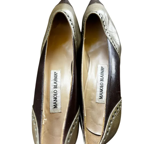 Manolo Blahnik Pumps 36 Brown Olive Leather Wingtip Brogue Kitten Heel Vintage - Image 7