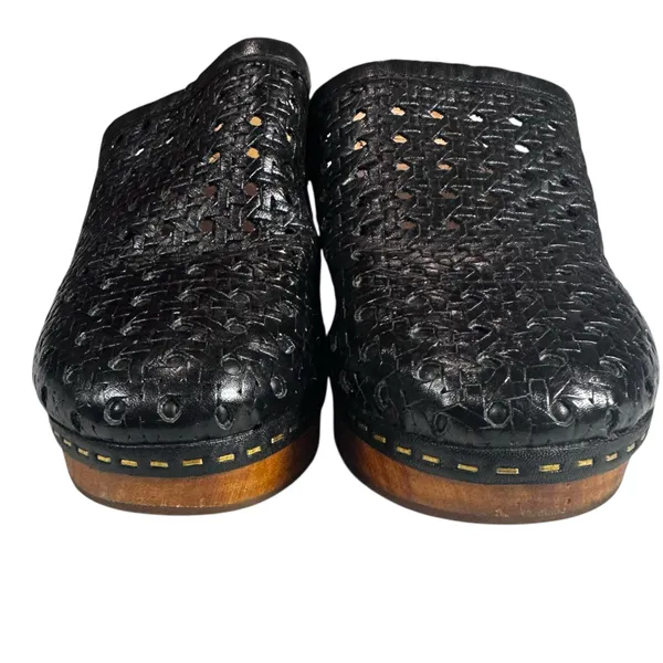 Patricia Nash Woven Leather Wooden Platform Clog Mule Size 8 Black - Image 3