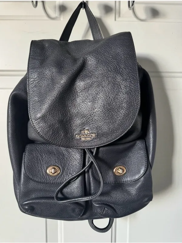 Coach Navy Blue Pebbled Leather Drawstring Billie Backpack with Gold Hardware - Image 6