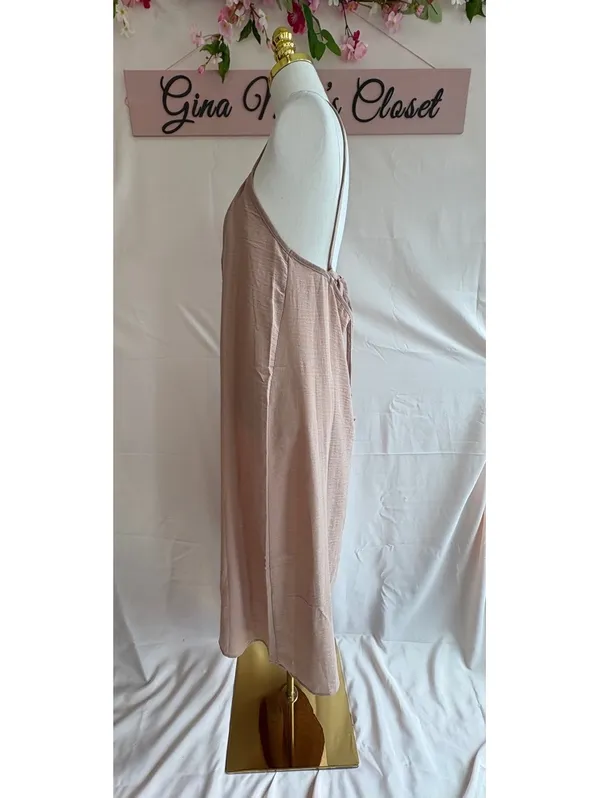Double Zero Spicy Small Beige Linen Midi Dress with Tie Back - Image 3