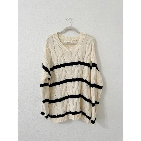 SOLAI Cable Knit Striped Sweater Ivory Black Oversized Coastal Grandmother - Image 3