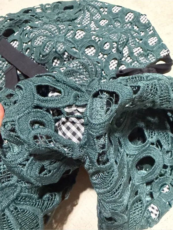Anthropologie Maeve Gabriella Lace Overlay Peplum Top Dark Green small - Image 9