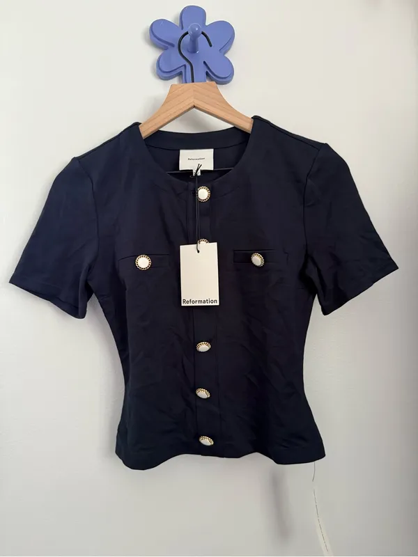 Reformation XS NEW Ellen Knit Top Navy Crew Neck Business Office Old Money - Image 2