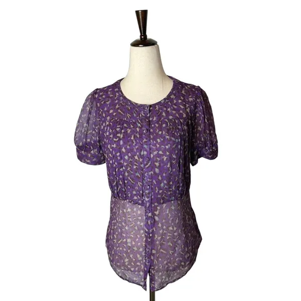 Bryan Bradley Shirt Women Small Purple‎ Leopard Print Silk Button Front Blouse - Image 2