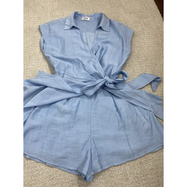 Lilyful Blue Solid Wrap V-Neck Tie Waist Lined Cap Sleeve Romper S Rayon - Image 12