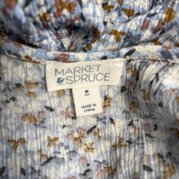 Market & Spruce Smocked Dress Medium Blue White‎ Floral Short Sleeve V-Neck - Image 4