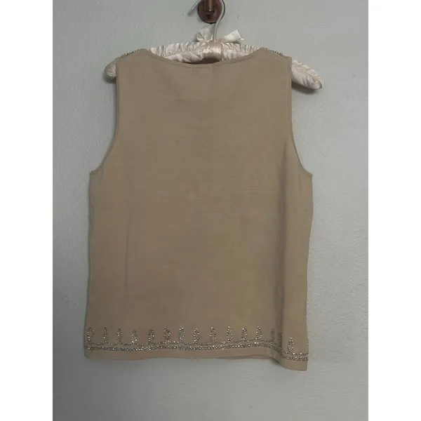 Vintage Silk Keyhole Stretch Knit Rhinestone Y2K Tank Top Beige Silver Boho Chic - Image 6