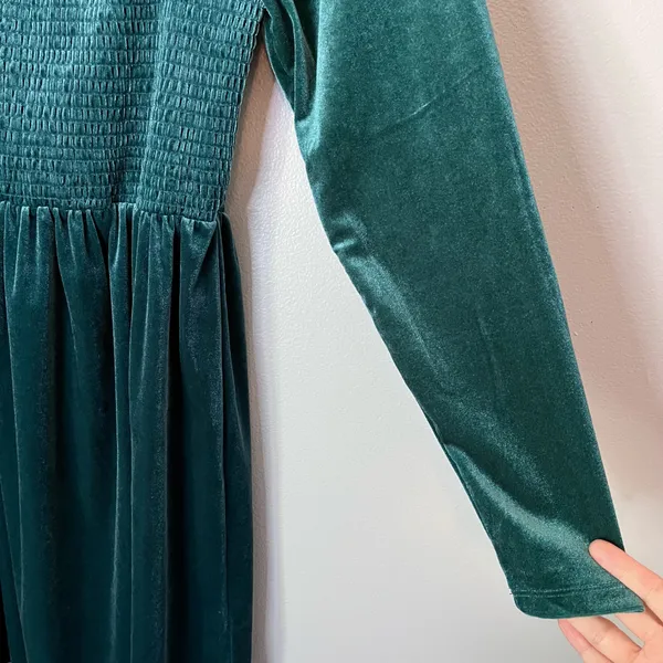 Gap Smocked Velvet Long Sleeve Square Neck Mini Party Dress Pine Green - Image 3