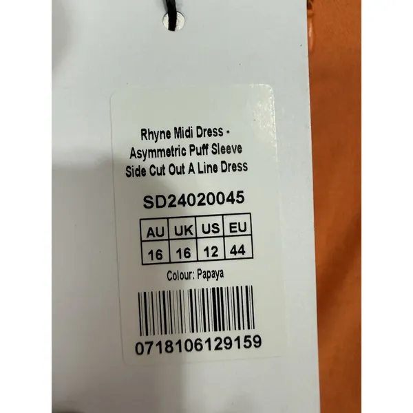 Showpo Rhyne Midi Dress Orange Asymmetric Puff Sleeve Side Cut Out A Line 12 NWT - Image 9