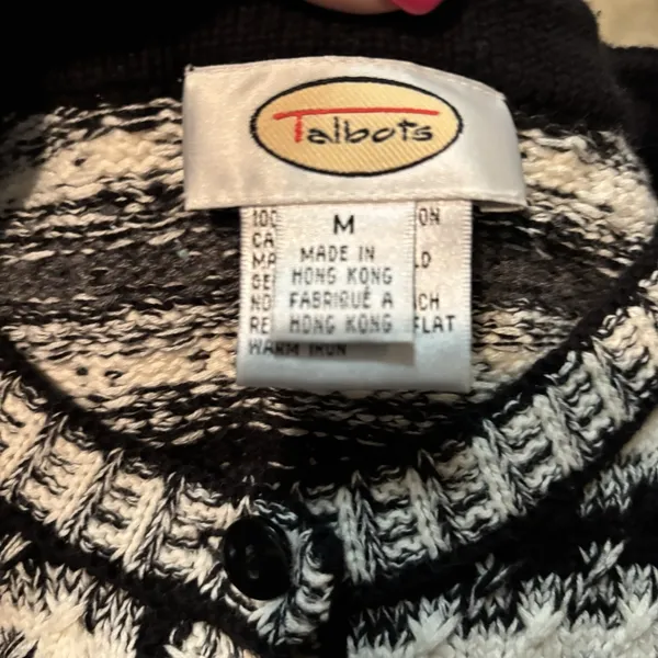 Talbots Cardigan Sweater Medium‎ Black White Gray Textured Knit Button Front - Image 4
