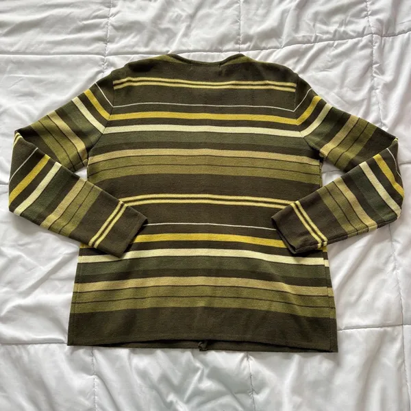 Vintage Rafael Sport Olive Green Striped Wool Cardigan Sweater Medium Streetwear - Image 5