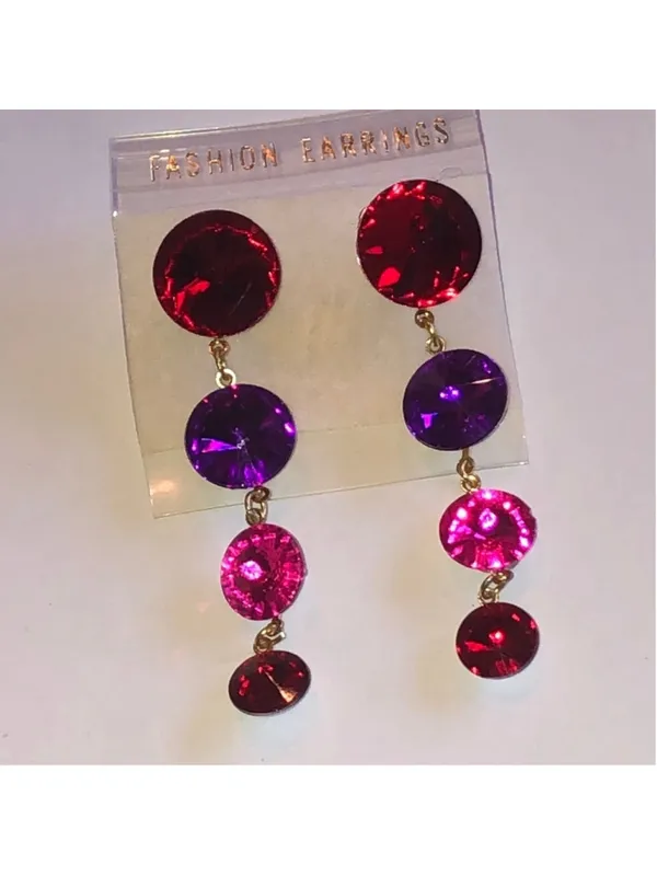 Multicolor Pink Red Purple Dangle Rhinestone Drop Earrings - Image 2