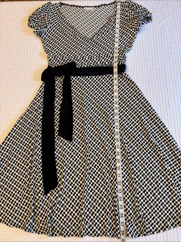 London Times Size 8 Black White Printed Midi Wrap V-Neck Fit & Flare Dress Belt - Image 11