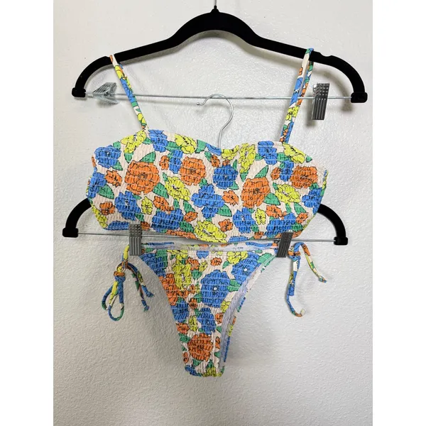 Floral Smocked Bikini Set Blue Orange Yellow Ruched Two‎ Piece Swimsuit Small - Image 2