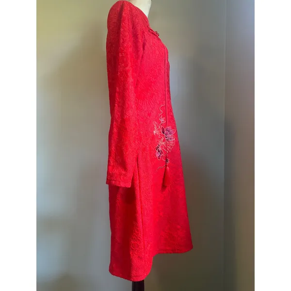 Red Floral Lace Cheongsam Qipao Dress Long Sleeve Tassel Embroidery Small whimsi - Image 3