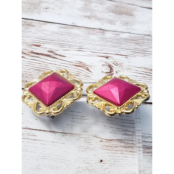 Vintage Clip On Earrings - Pink with Ornate Gold Tone Halo - Image 2
